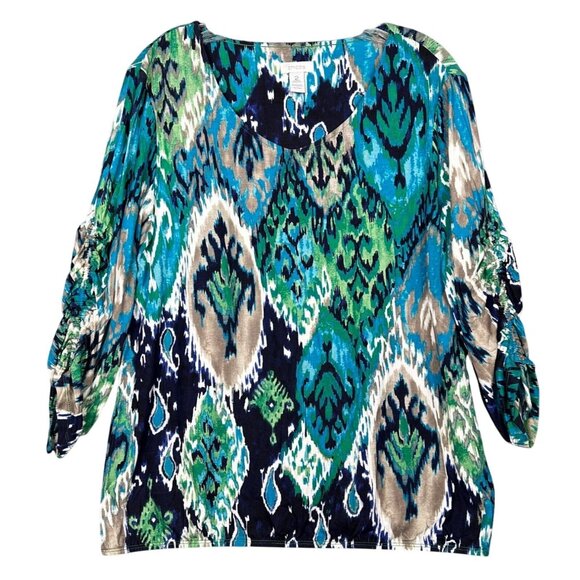 Chicos VNeck Top Size 2/US L Blue Green Teal 3/4 Ruched Sleeve Stretch Boho Chic - Picture 1 of 6